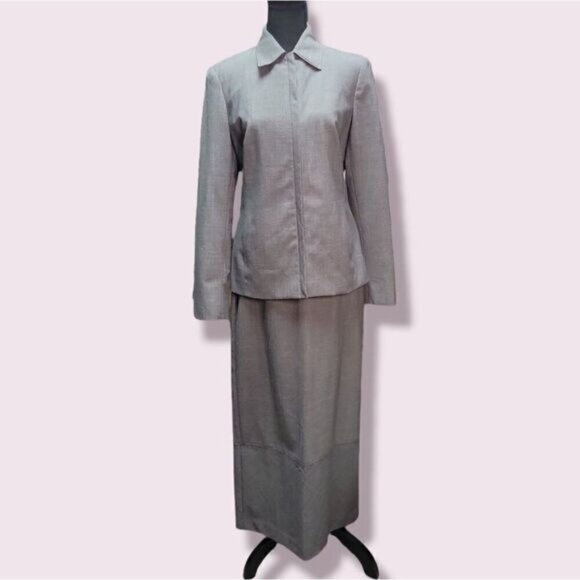 Liz Claiborne Gray Skirt Suit Set With Collared Jacket & Long Skirt Size 4/6 - Picture 1 of 8